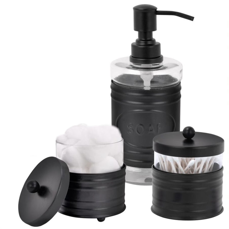 Autumn Alley 3 Piece Glass and Matte Black Metal Bathroom Set: Soap Dispenser with "SOAP" Label & 2 Apothecary Jars with Ball Lids