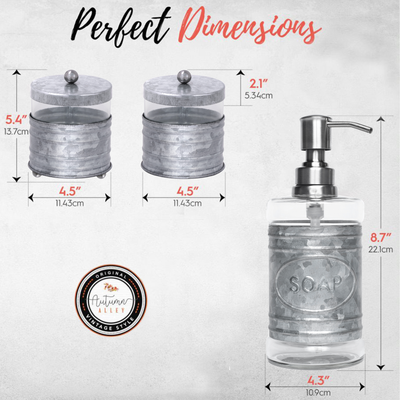 'Product Dimensions': Soap Dispenser: 4.3" x 8.7", Apothecary Jar w/o Feet: 4.5" x 5.2", Apothecary Jar w/ Feet: 4.5" x 5.4"