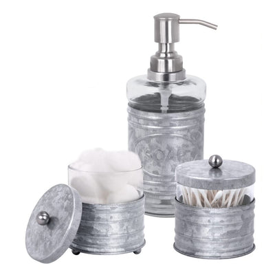 Autumn Alley 3 Piece Glass and Galvanized Metal Bathroom Set: Soap Dispenser with "SOAP" Label & 2 Apothecary Jars with Ball Lids