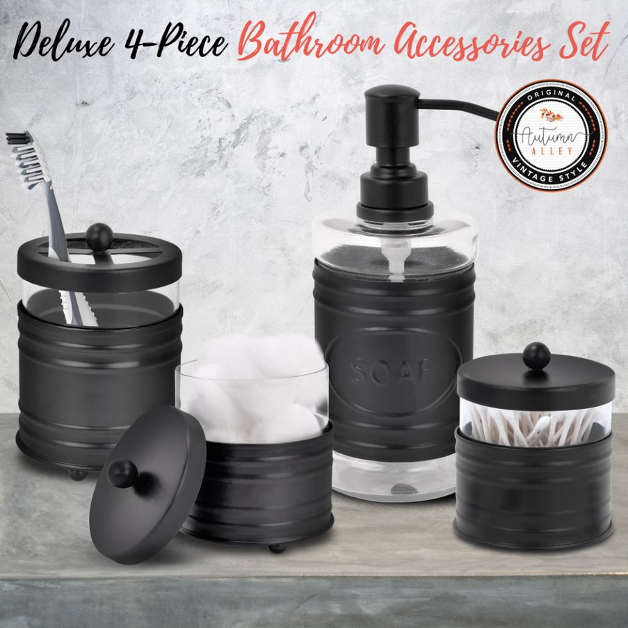 4-Piece Glass and Black Metal Bathroom Accessory Set - Modern