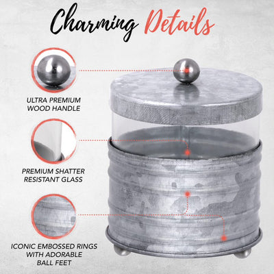 'Charming Details': 'Ultra premium metal ball handle', 'Premium shatter resistant glass', & 'Iconic embossed rings with adorable ball feet'