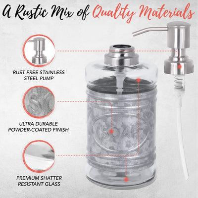 'A Rustic Mix of Quality Materials': 'Rust free stainless steel pump', 'Ultra durable powder-coated finish', 'Premium shatter resistant glass'
