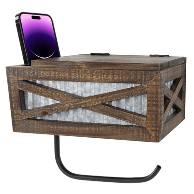 Barn Door Toilet Paper Holder with Lidded Compartment and Cell Phone Pocket