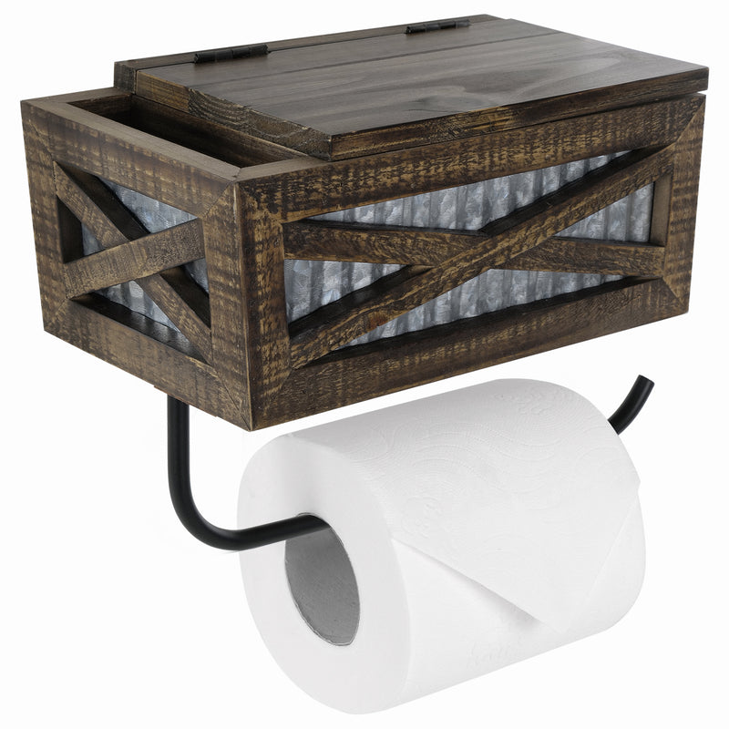 Barn Door Toilet Paper Holder with Lidded Compartment and Cell Phone Pocket