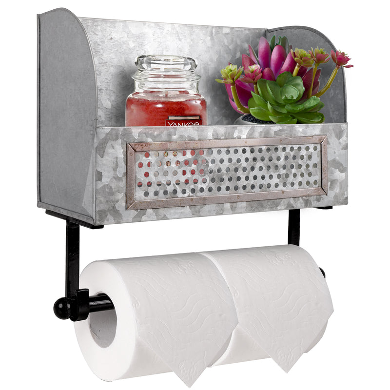 Galvanized Double Toilet Paper Roll Holder with Shelf