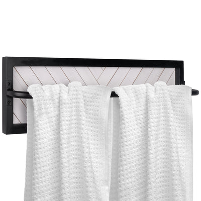 Autumn Alley Shiplap Happens Horizontal Bathroom Towel Rack. Shiplap is White Herringbone with Matte Black Trim and Hardware w/ Bathroom Towels