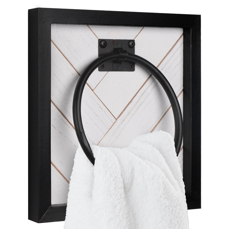 Autumn Alley Shiplap Happens Towel Ring in Whitewashed Shiplap & Matte Black Trim with Towel 3/4 View