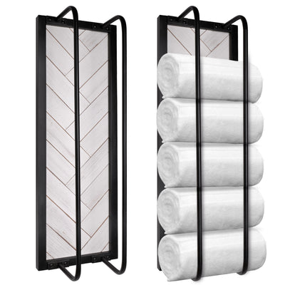 Two Autumn Alley Vertical Towel Rack with White Shiplap Backboard and Matte Black Trim and Hardware, one shown with towels
