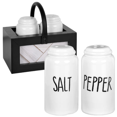 Autumn Alley Farmhouse Salt and Pepper Shaker Set with Rae Dunn Style Shakers and Whitewashed Shiplap Caddy with Black Trim