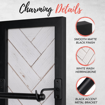 Autumn Alley Large Toilet Paper Holder Charming Details: 'Smooth Matte Black Finish', 'White Wash Herringbone' & 'Black Accent Metal Bracket'