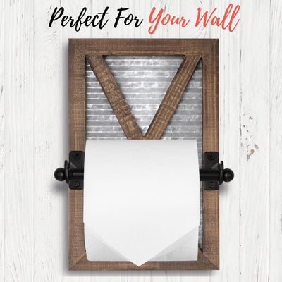 'Perfect for Your Wall' Front Facing Autumn Alley Large Brown Barn Door Toilet Paper Holder on White Washed Wall