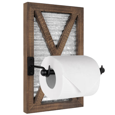 Autumn Alley Large Barn Door Toilet Paper Holder Brown Wood, Galvanized Metal, Matte Black Hardware, 3/4 View