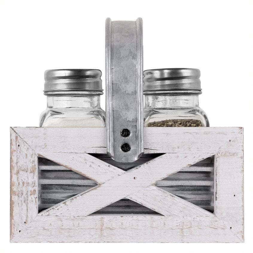 Salt and Pepper Shakers in Barn Door Caddy