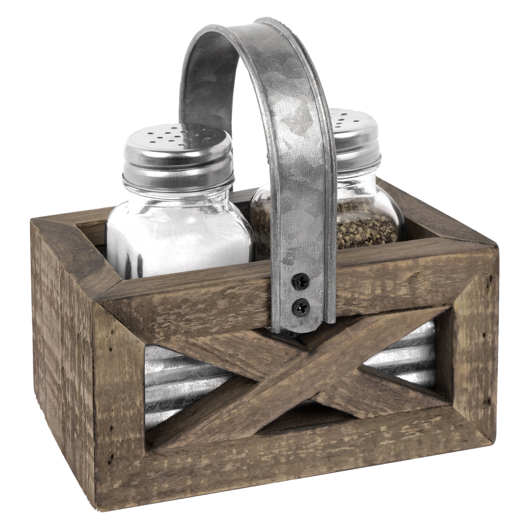 Salt and Pepper Shakers in Barn Door Caddy