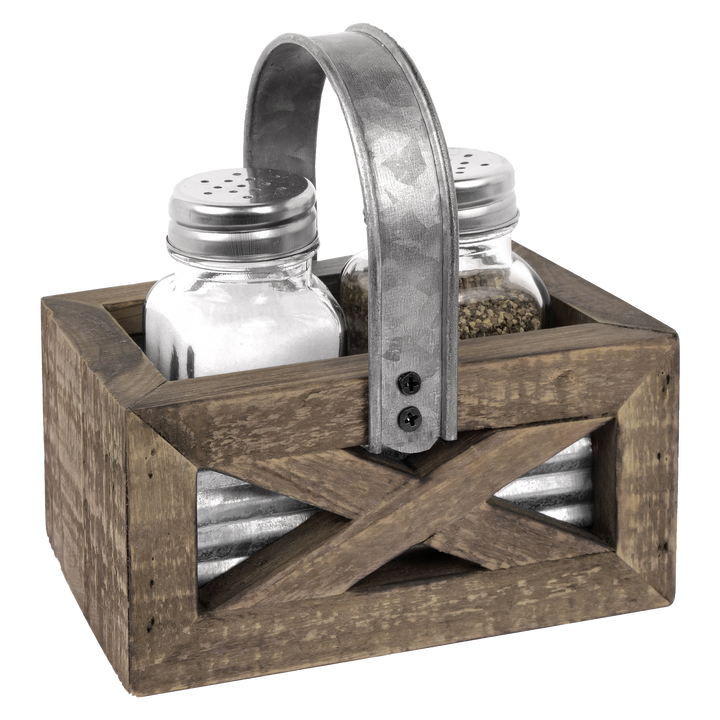 Salt and Pepper Shakers in Barn Door Caddy