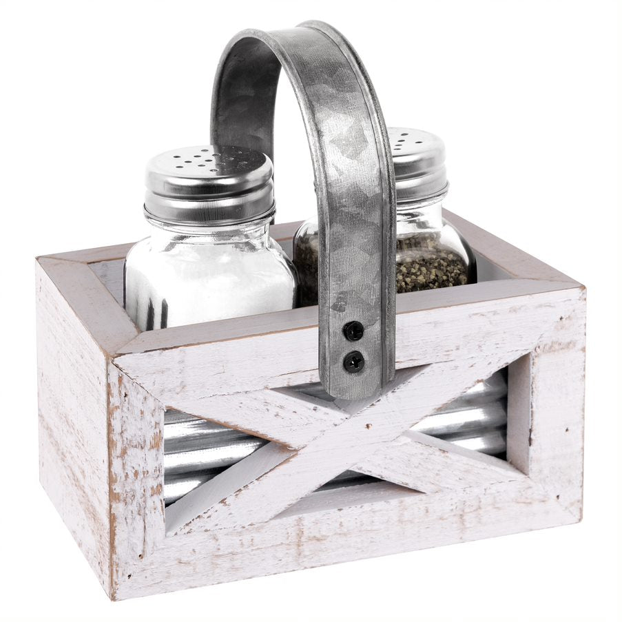 Salt and Pepper Shakers in Barn Door Caddy