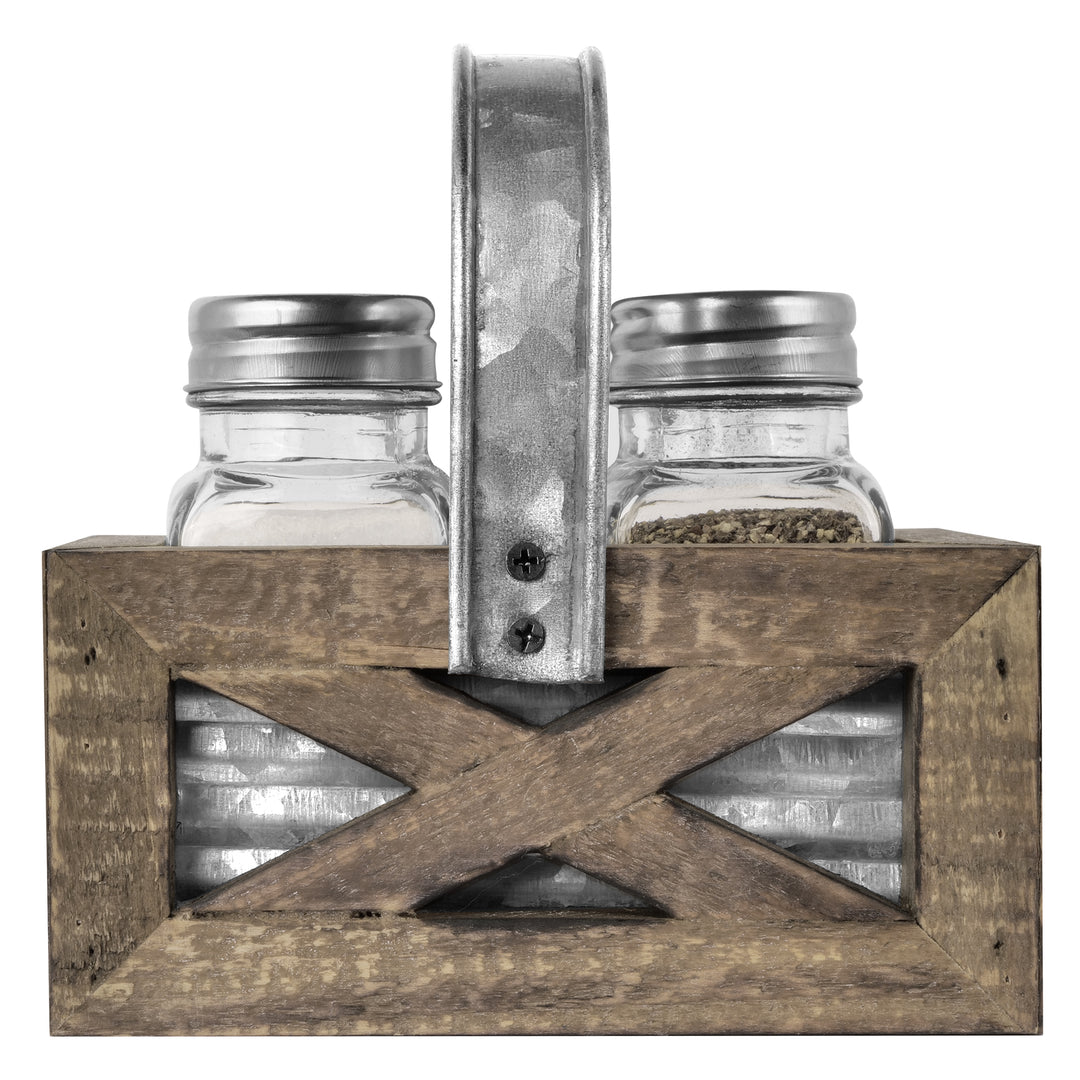 Salt and Pepper Shakers in Barn Door Caddy