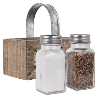 Salt and Pepper Shakers in Barn Door Caddy