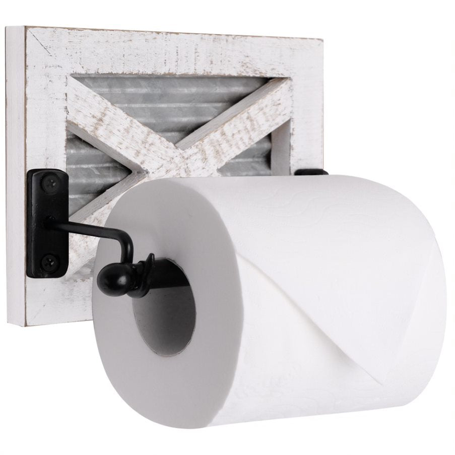 Autumn Alley White Barn Door Farmhouse Toilet Paper Holder with Galvanized Metal